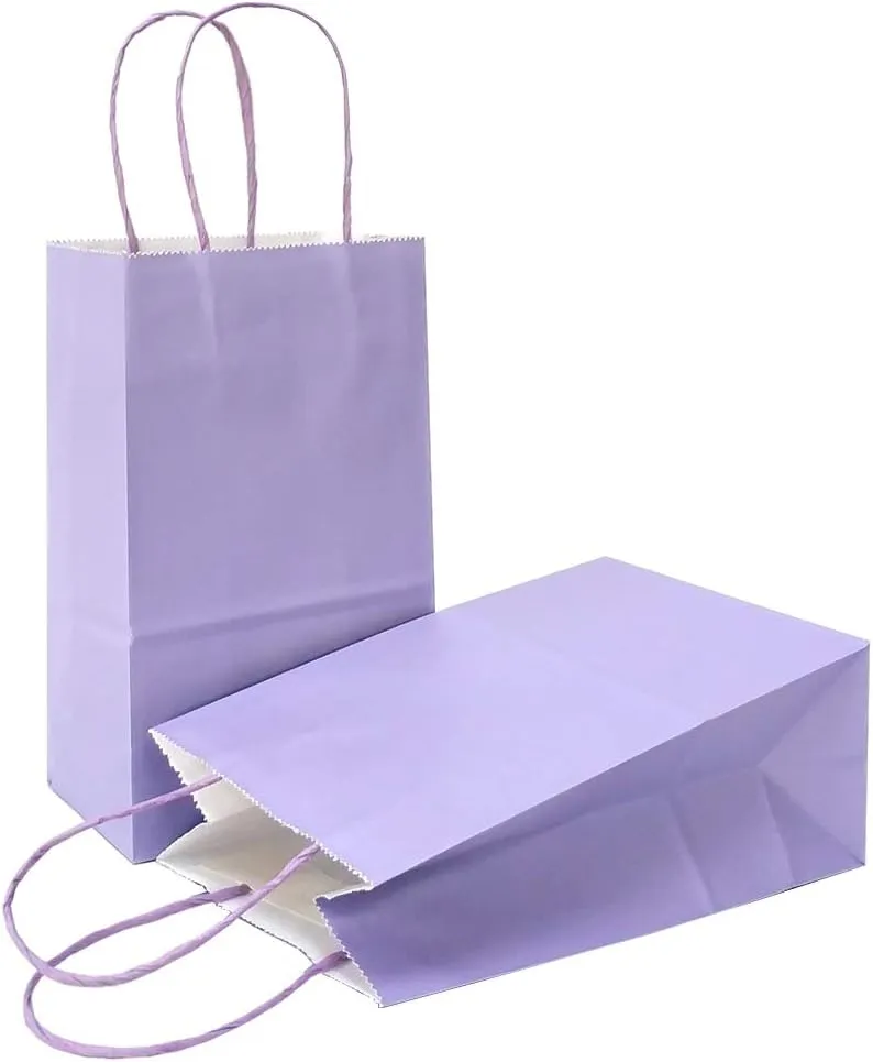 AZOWA Gift Bags Medium Kraft Paper Bags with Handles (9.8 x 7.5 x 3.9 in, Light Purple, 25 Pcs)