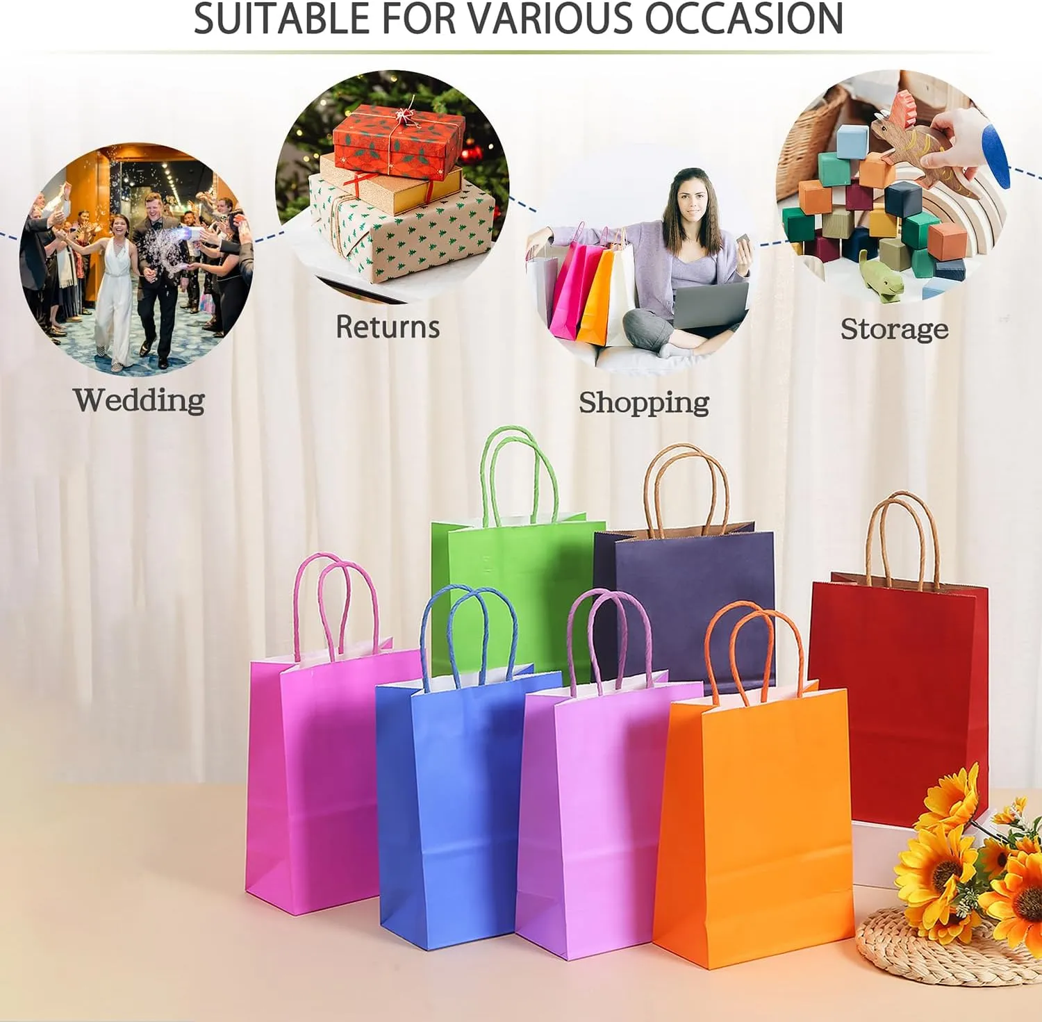 AZOWA Gift Bags Medium Kraft Paper Bags with Handles (9.8 x 7.5 x 3.9 in, Light Purple, 25 Pcs)