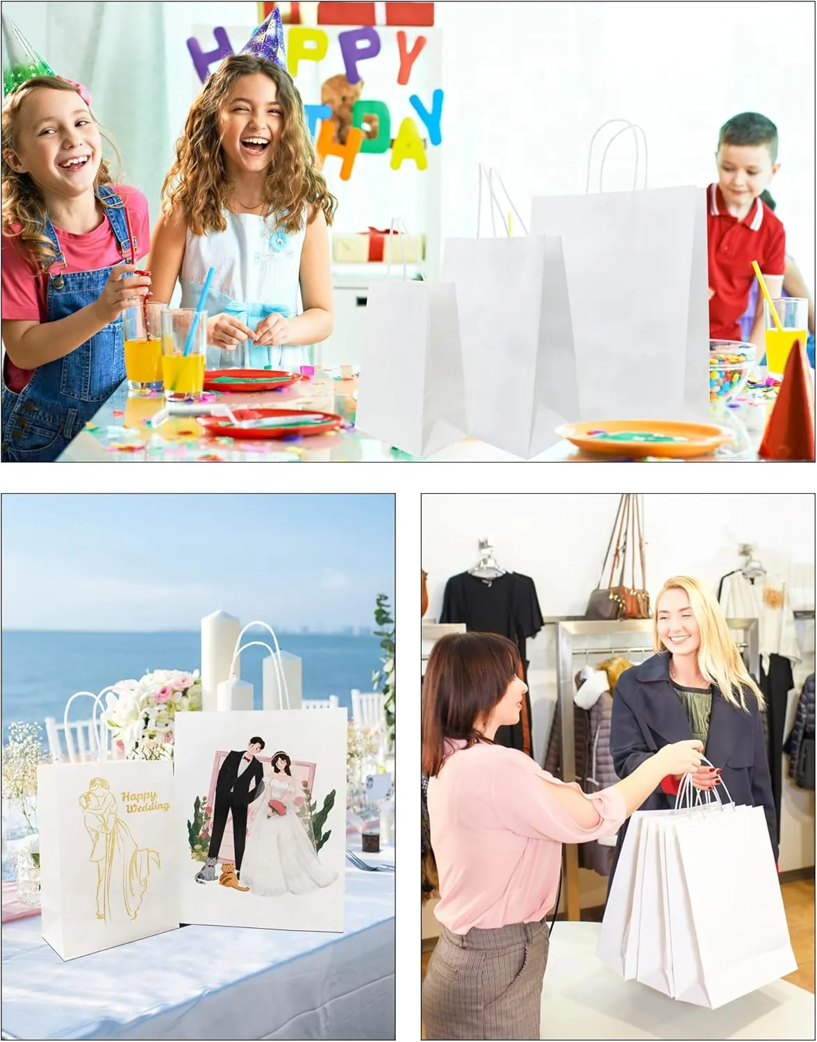 BAG BOX 100 Pack 8.25x4.3x10.6 Inch White Gift Bags with Handles,Bulk Kraft Paper Bags for Shopping, Retail, Merchandise, Wedding, Party Favors, Paper Grocery Sacks