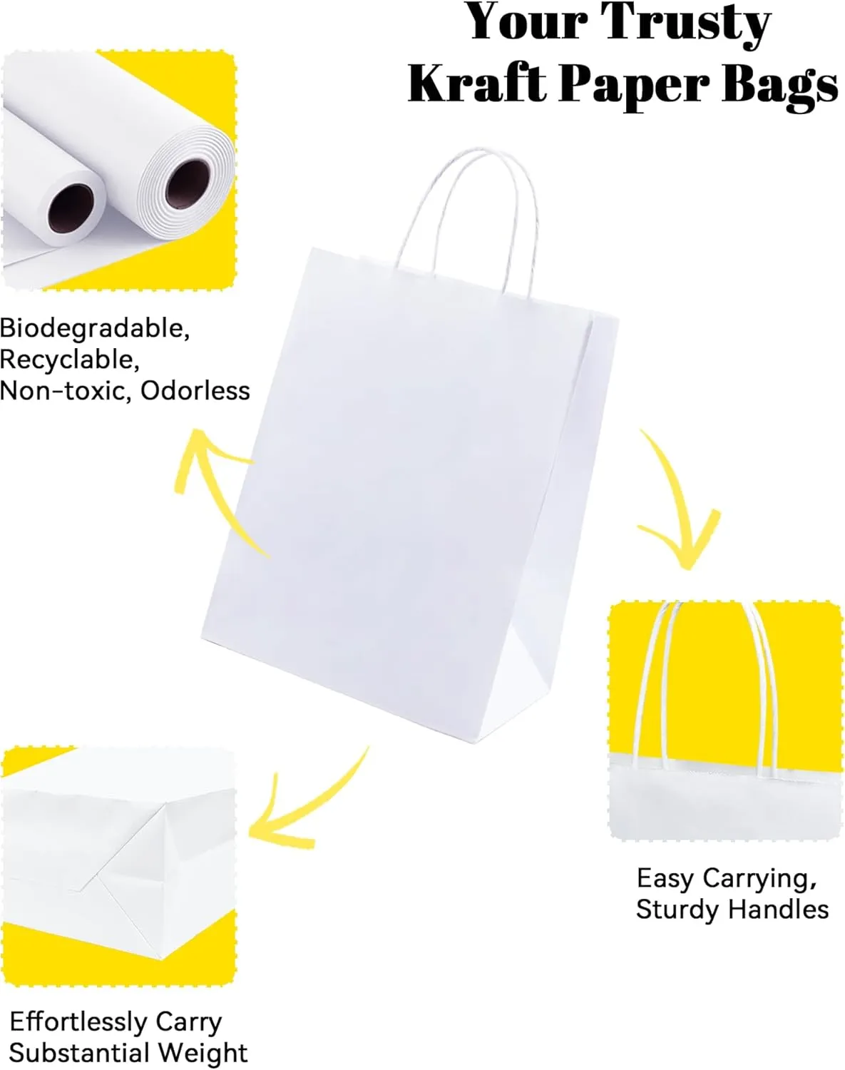 BAG BOX 100 Pack 8.25x4.3x10.6 Inch White Gift Bags with Handles,Bulk Kraft Paper Bags for Shopping, Retail, Merchandise, Wedding, Party Favors, Paper Grocery Sacks