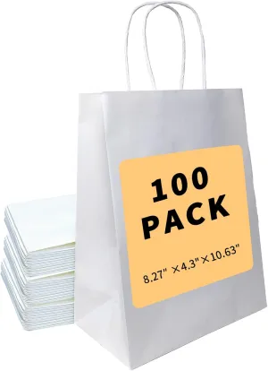 BAG BOX 100 Pack 8.25x4.3x10.6 Inch White Gift Bags with Handles,Bulk Kraft Paper Bags for Shopping, Retail, Merchandise, Wedding, Party Favors, Paper Grocery Sacks