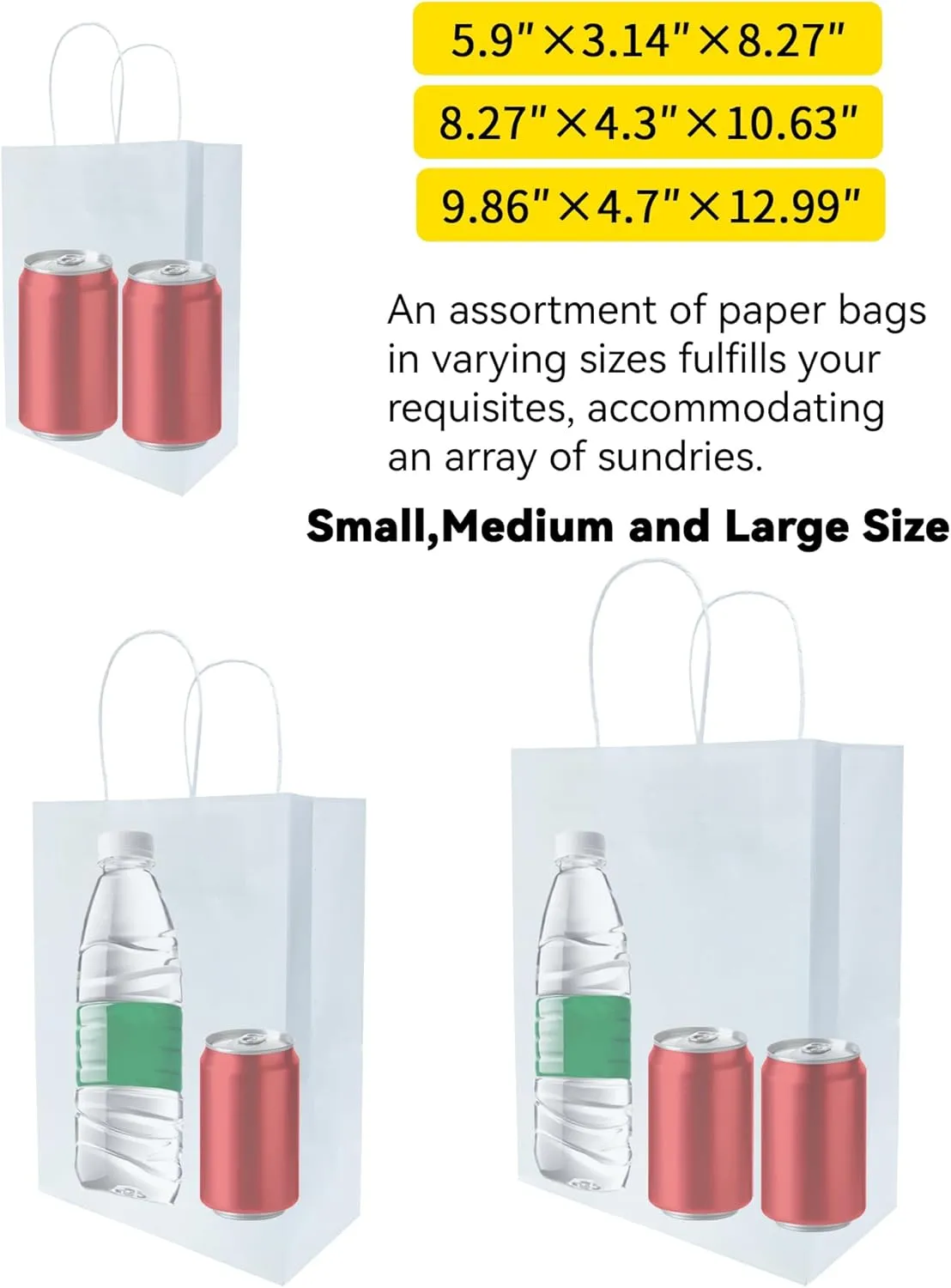 BAG BOX 100 Pack 8.25x4.3x10.6 Inch White Gift Bags with Handles,Bulk Kraft Paper Bags for Shopping, Retail, Merchandise, Wedding, Party Favors, Paper Grocery Sacks