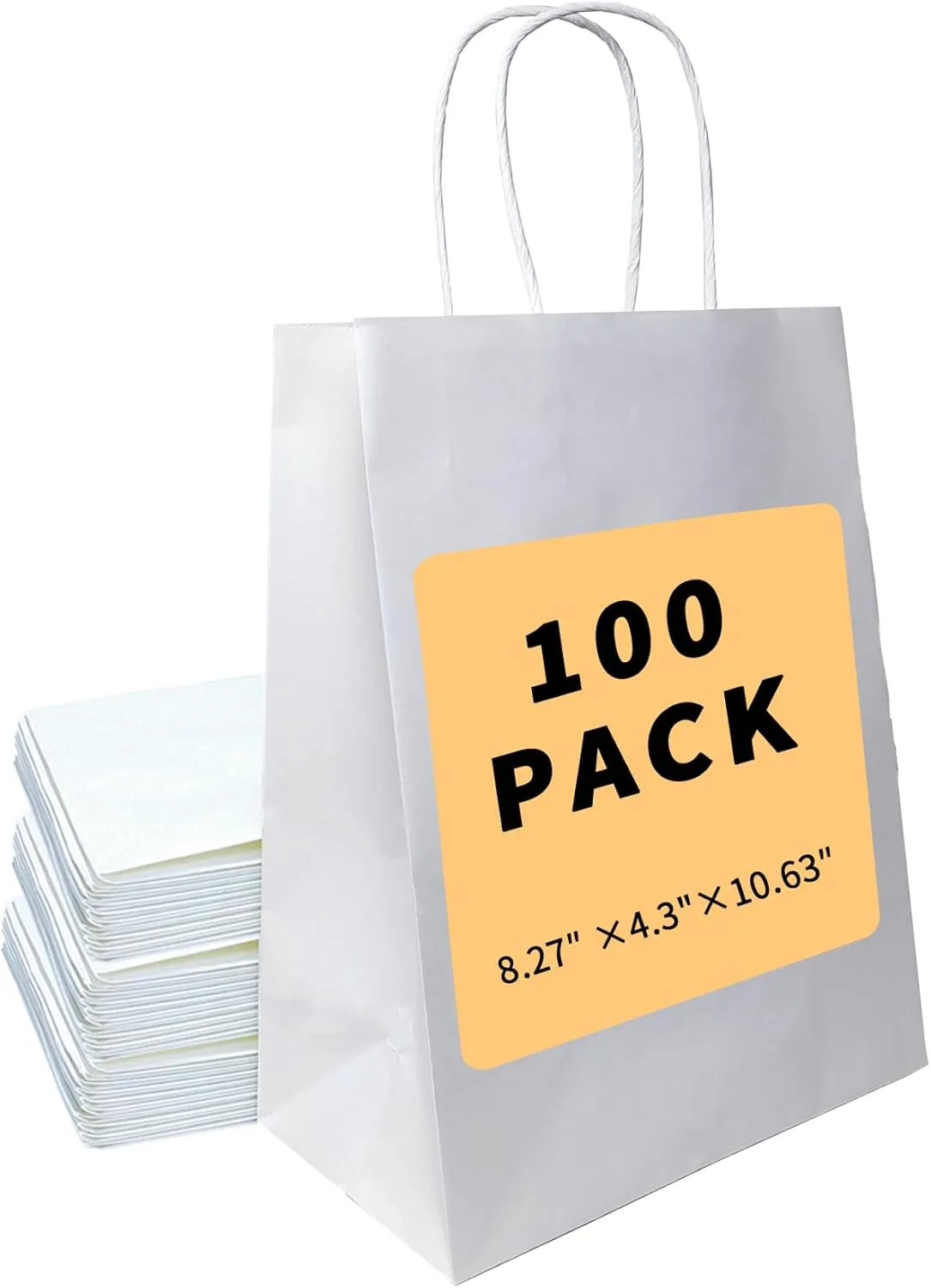 BAG BOX 100 Pack 8.25x4.3x10.6 Inch White Gift Bags with Handles,Bulk Kraft Paper Bags for Shopping, Retail, Merchandise, Wedding, Party Favors, Paper Grocery Sacks