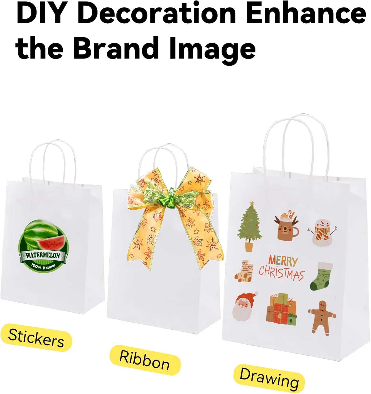 BAG BOX 100 Pack 8.25x4.3x10.6 Inch White Gift Bags with Handles,Bulk Kraft Paper Bags for Shopping, Retail, Merchandise, Wedding, Party Favors, Paper Grocery Sacks