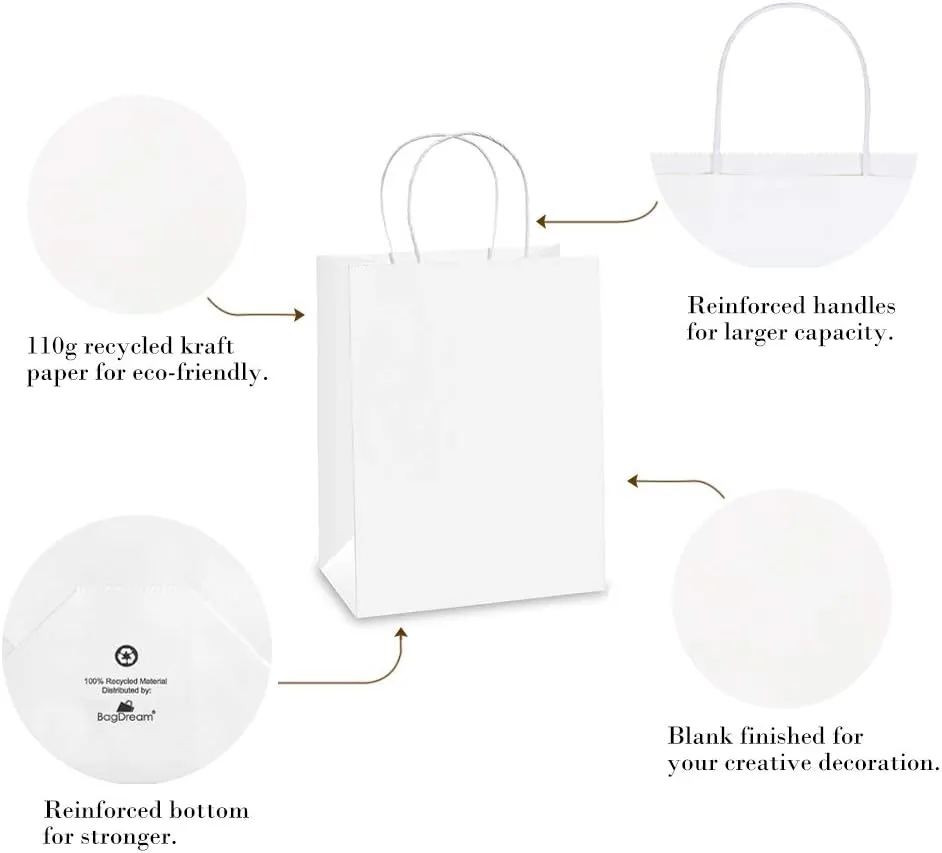BagDream Gift Bags 8x4.25x10.5 100Pcs Kraft Paper Bags with Handles Bulk, White Gift Bags Medium Shopping Retail Merchandise Wedding Party Favor Bags, Paper Grocery Bags Sacks Recyclable