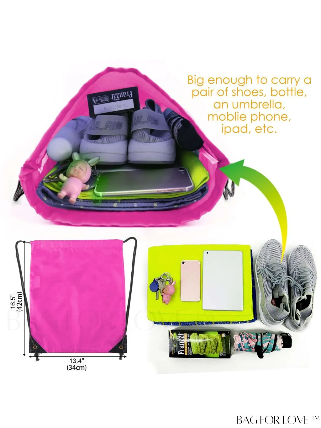 BagForLove - BeeGreen 40-Piece Pink Drawstring Backpack Bags - Heavy-Duty, Machine Washable Sport Bags for Men and Women