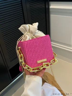 BagForLove - Chic Drawstring Crossbody Bag with Chain Detail - Solid Color, Box Design