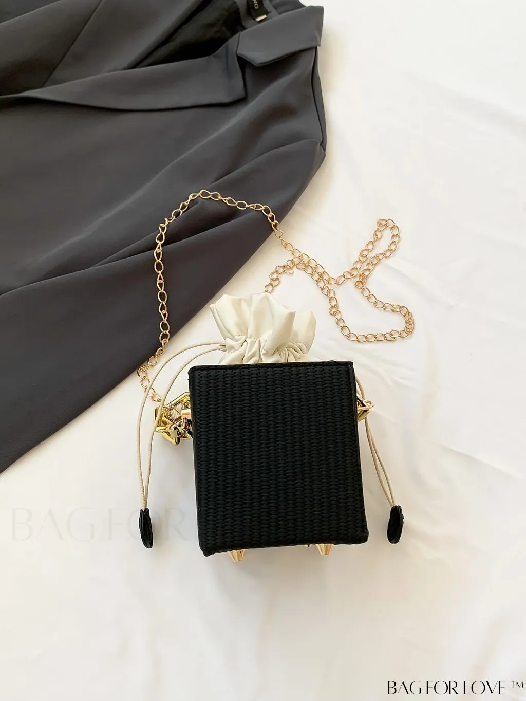 BagForLove - Chic Drawstring Crossbody Bag with Chain Detail - Solid Color, Box Design