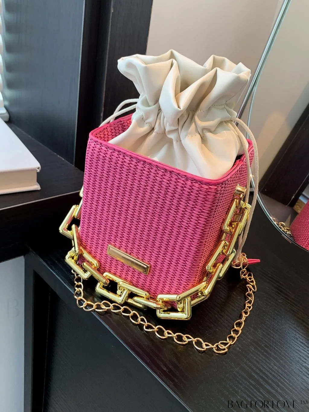 BagForLove - Chic Drawstring Crossbody Bag with Chain Detail - Solid Color, Box Design