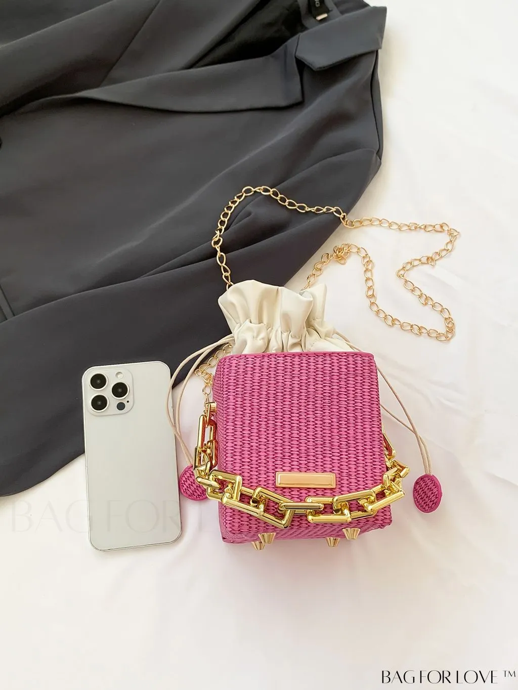 BagForLove - Chic Drawstring Crossbody Bag with Chain Detail - Solid Color, Box Design