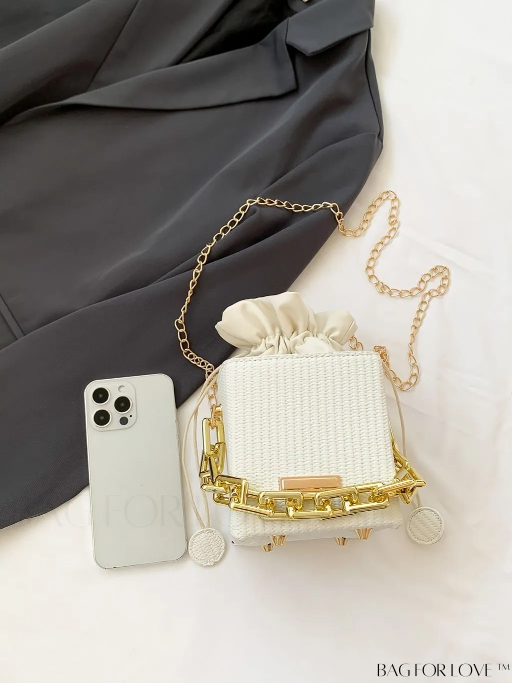 BagForLove - Chic Drawstring Crossbody Bag with Chain Detail - Solid Color, Box Design