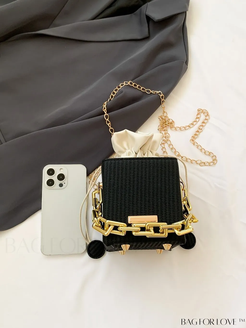 BagForLove - Chic Drawstring Crossbody Bag with Chain Detail - Solid Color, Box Design