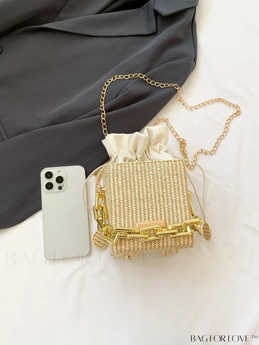 BagForLove - Chic Drawstring Crossbody Bag with Chain Detail - Solid Color, Box Design