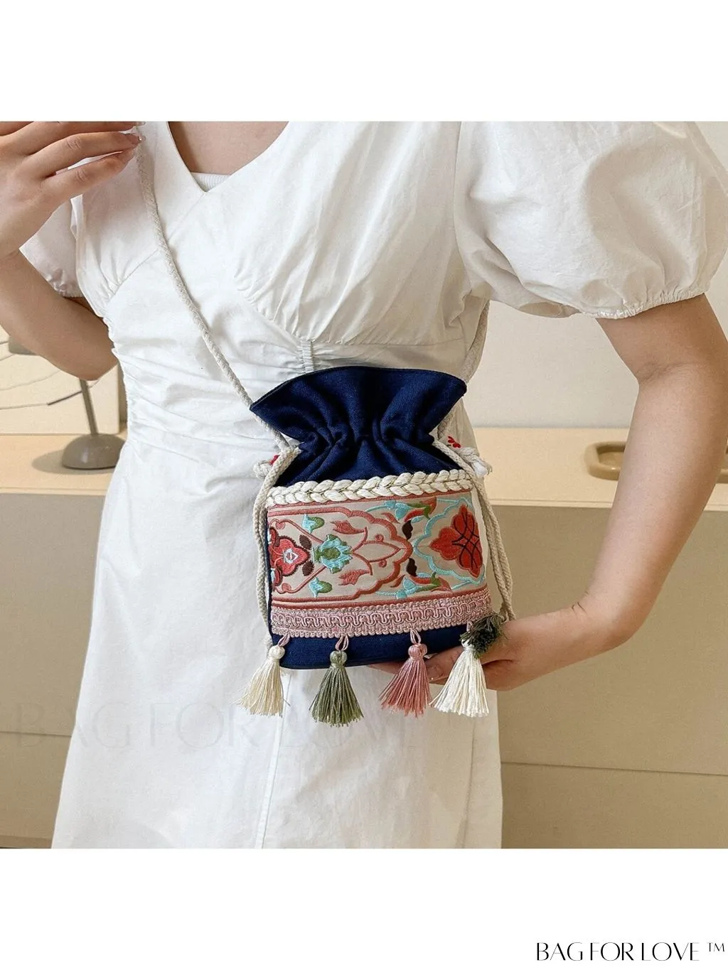 BagForLove - Classy Embroidered Bucket Bag with Floral Detail, Crossbody Style for Elegant Ladies