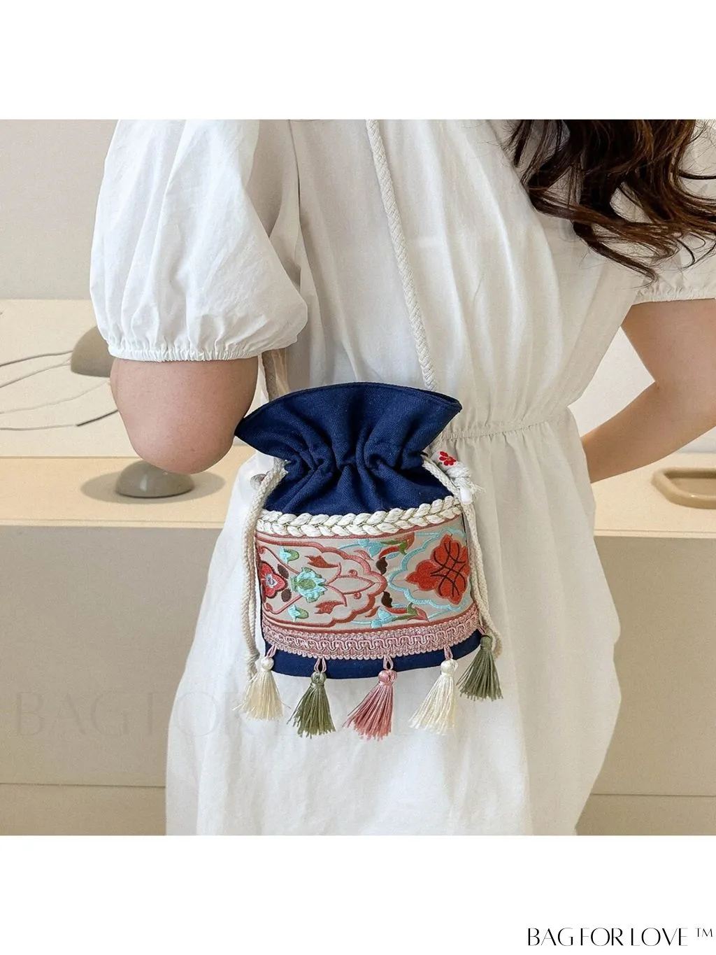 BagForLove - Classy Embroidered Bucket Bag with Floral Detail, Crossbody Style for Elegant Ladies