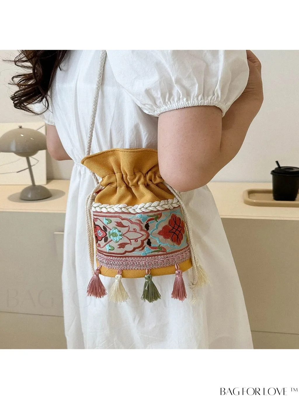 BagForLove - Classy Embroidered Bucket Bag with Floral Detail, Crossbody Style for Elegant Ladies