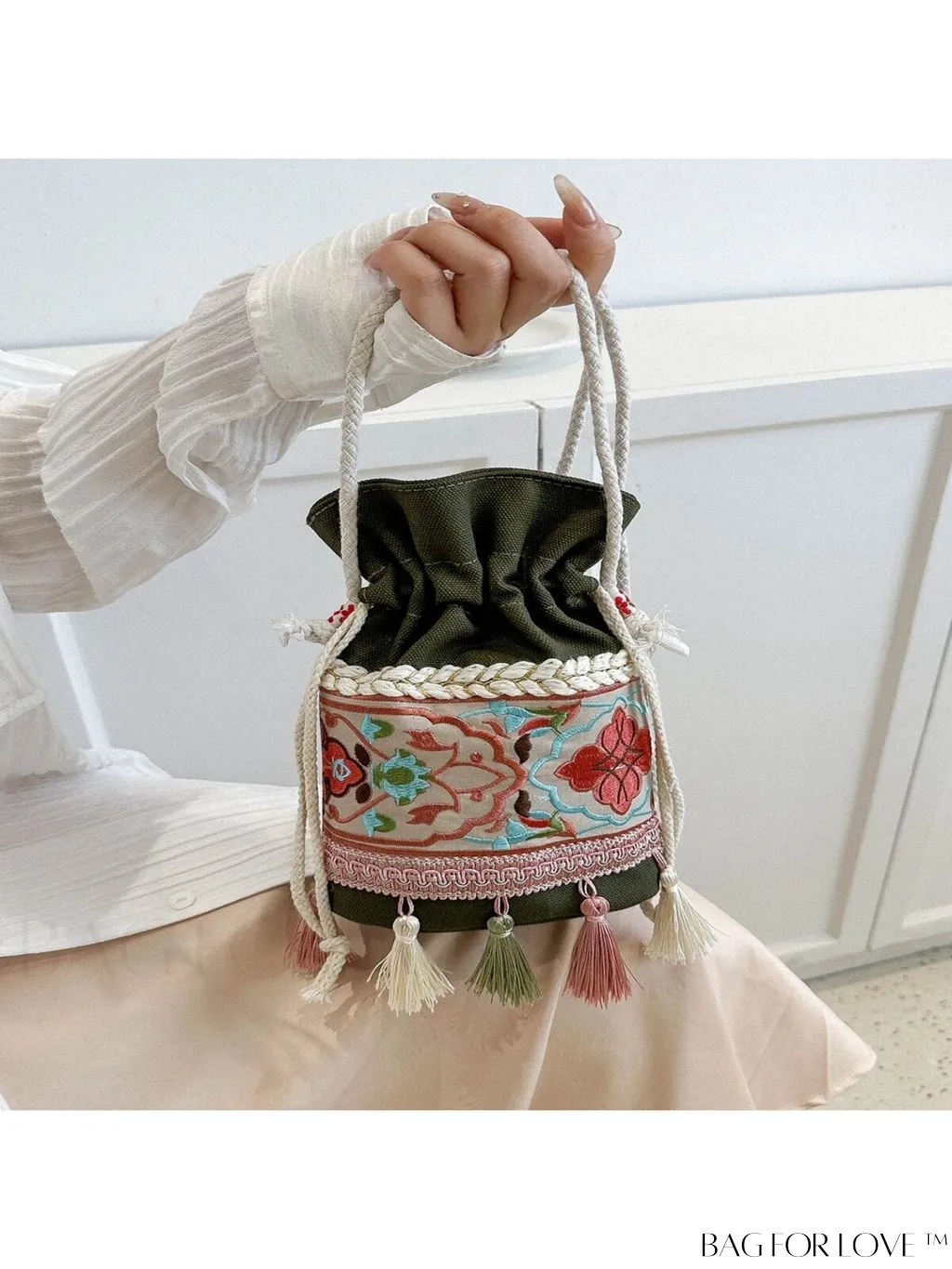 BagForLove - Classy Embroidered Bucket Bag with Floral Detail, Crossbody Style for Elegant Ladies
