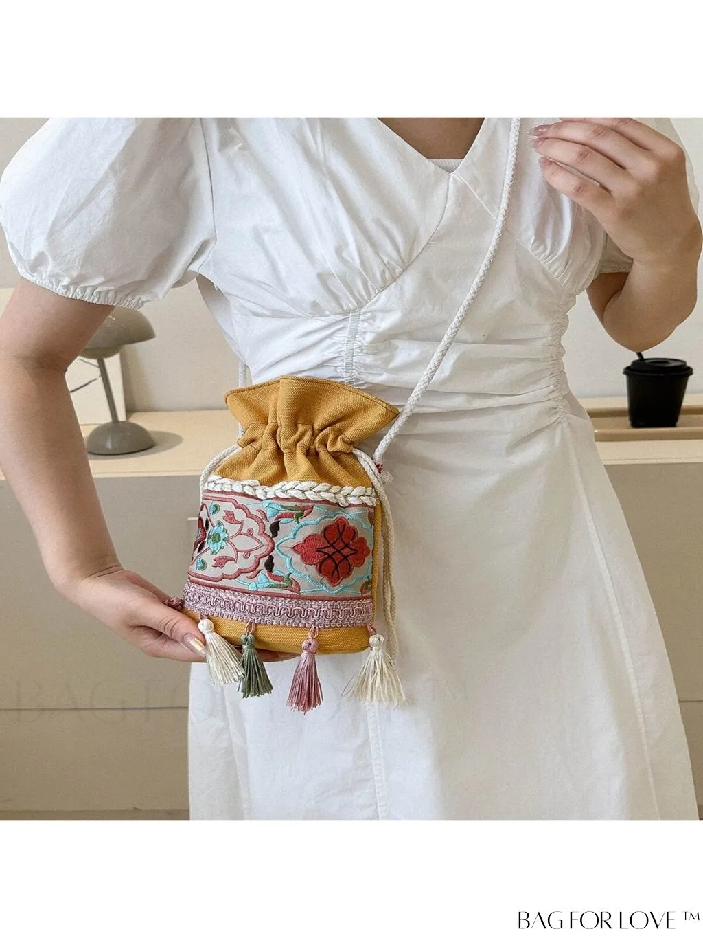 BagForLove - Classy Embroidered Bucket Bag with Floral Detail, Crossbody Style for Elegant Ladies