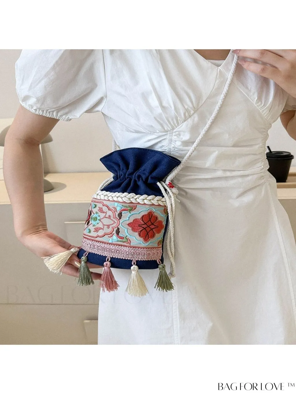 BagForLove - Classy Embroidered Bucket Bag with Floral Detail, Crossbody Style for Elegant Ladies
