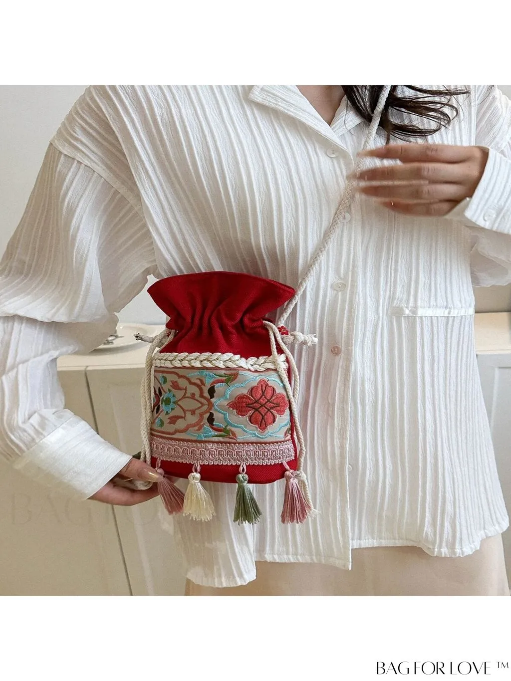 BagForLove - Classy Embroidered Bucket Bag with Floral Detail, Crossbody Style for Elegant Ladies
