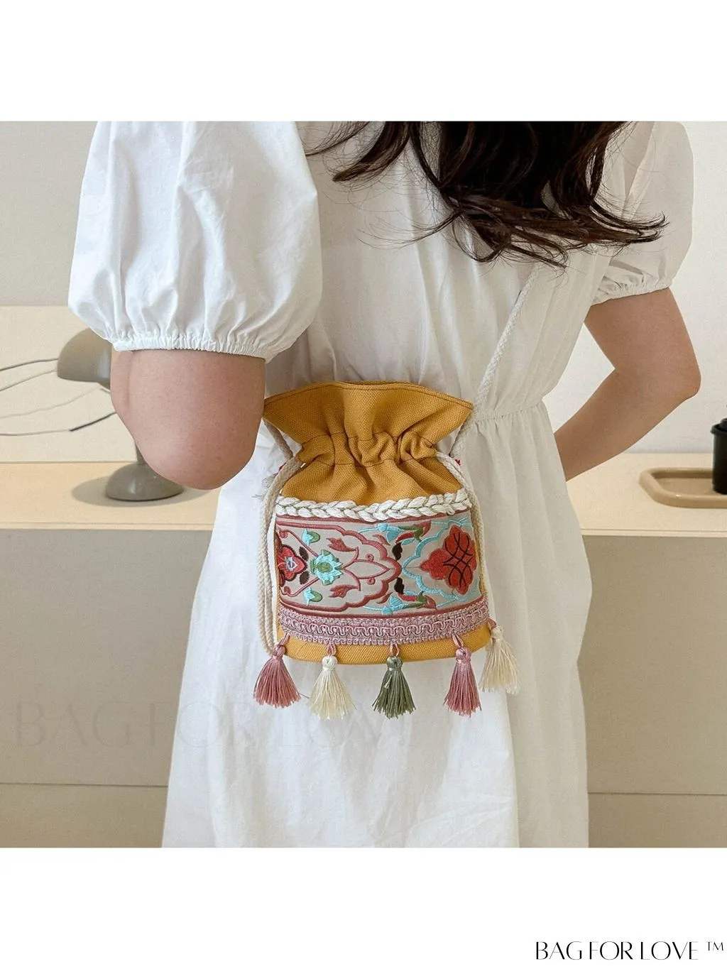 BagForLove - Classy Embroidered Bucket Bag with Floral Detail, Crossbody Style for Elegant Ladies