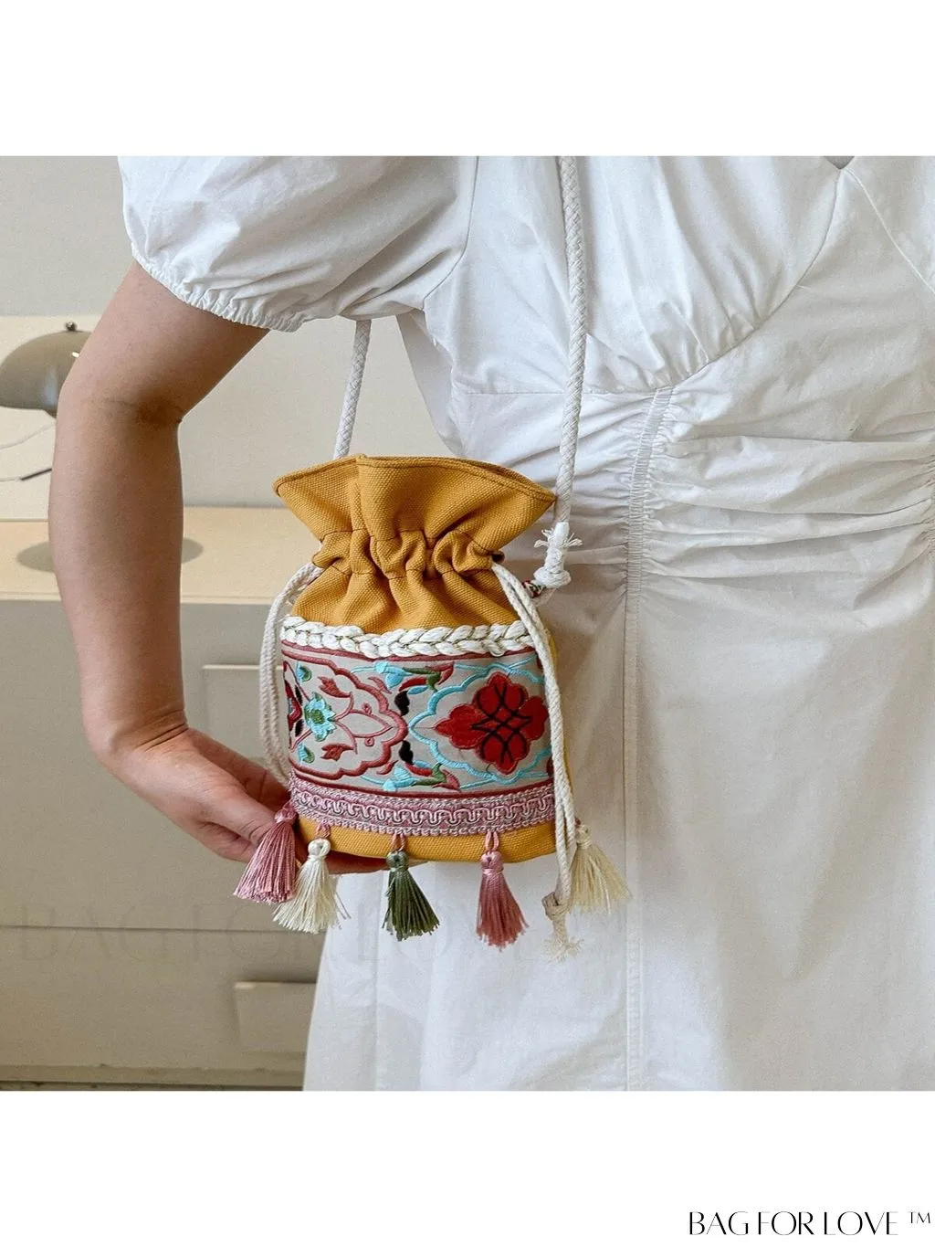 BagForLove - Classy Embroidered Bucket Bag with Floral Detail, Crossbody Style for Elegant Ladies
