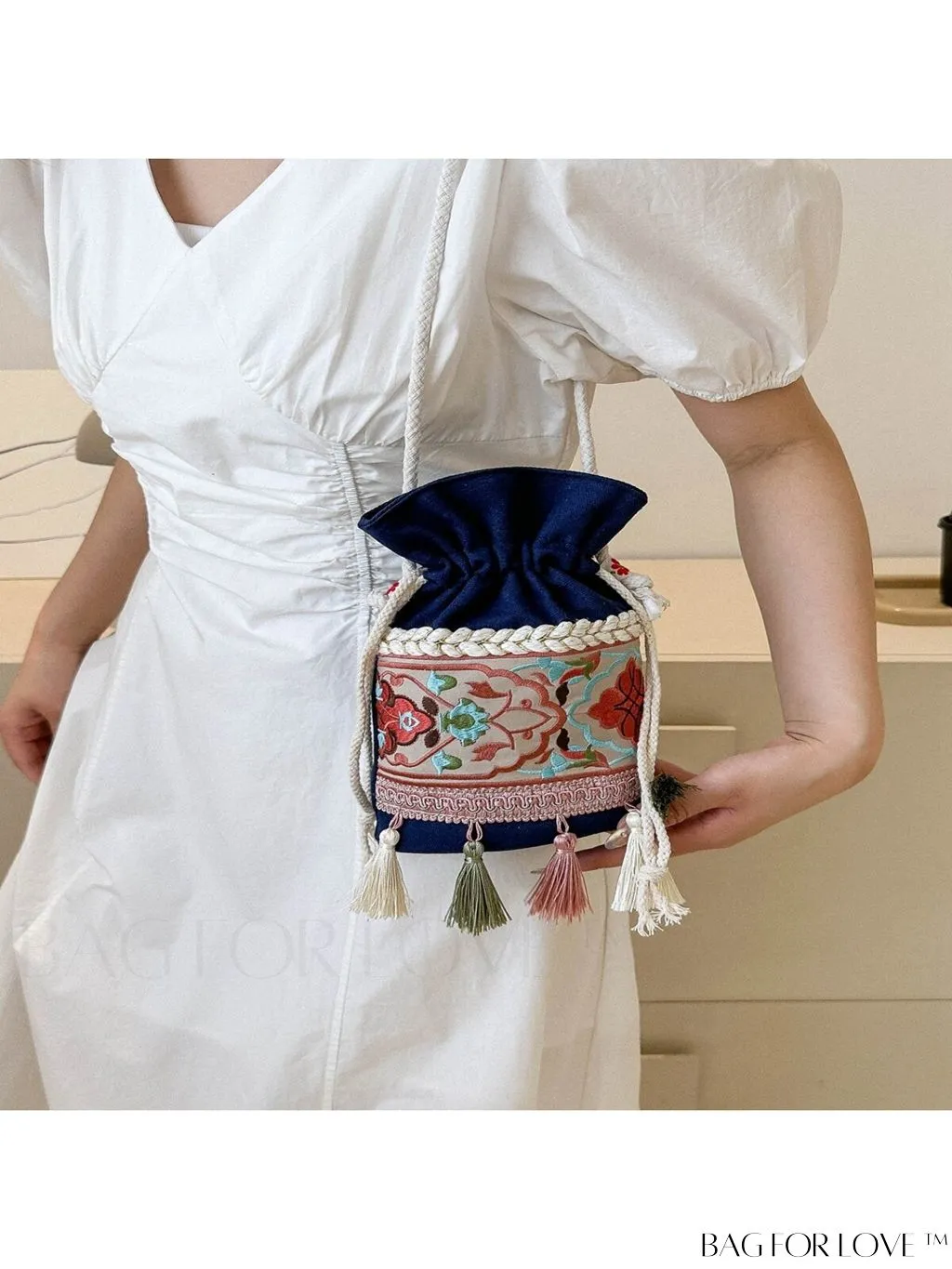 BagForLove - Classy Embroidered Bucket Bag with Floral Detail, Crossbody Style for Elegant Ladies