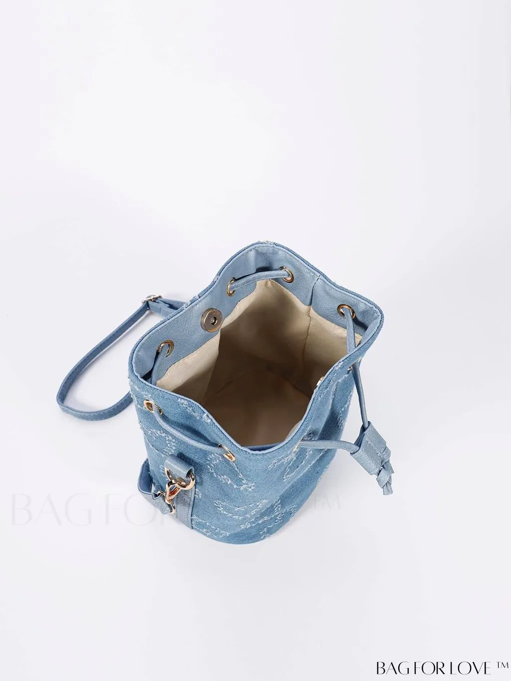 BagForLove - Denim Drawstring Bucket Bag - Mini with Flower Pattern