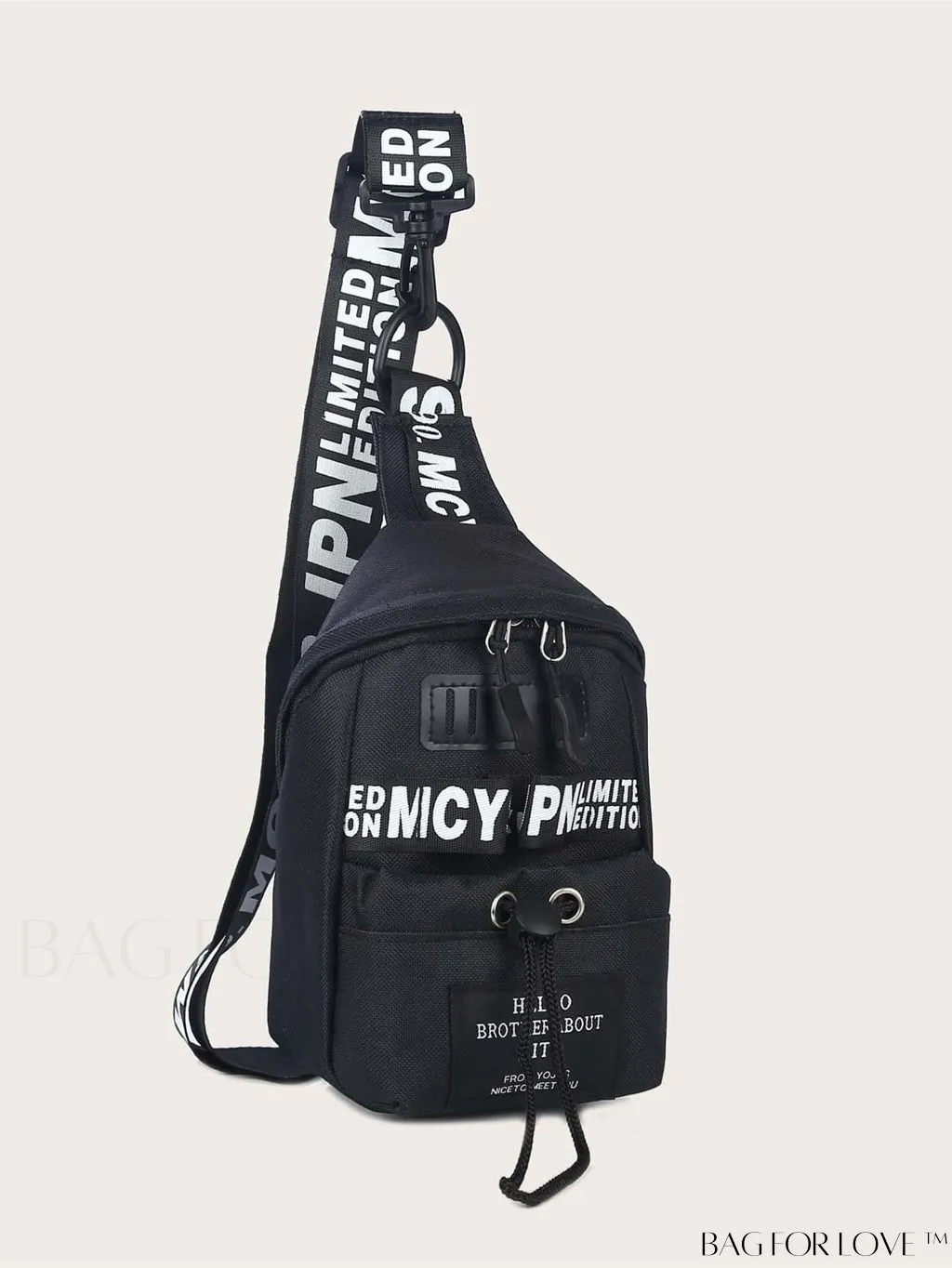 BagForLove - Graphic Sling Bag with Drawstring Closure - Mini Size, Decorative Letters