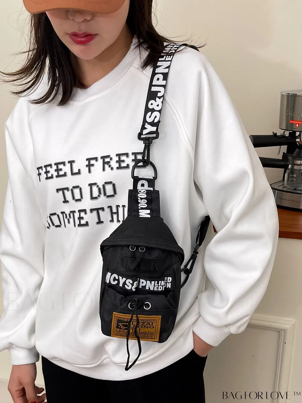 BagForLove - Graphic Sling Bag with Drawstring Closure - Mini Size, Decorative Letters