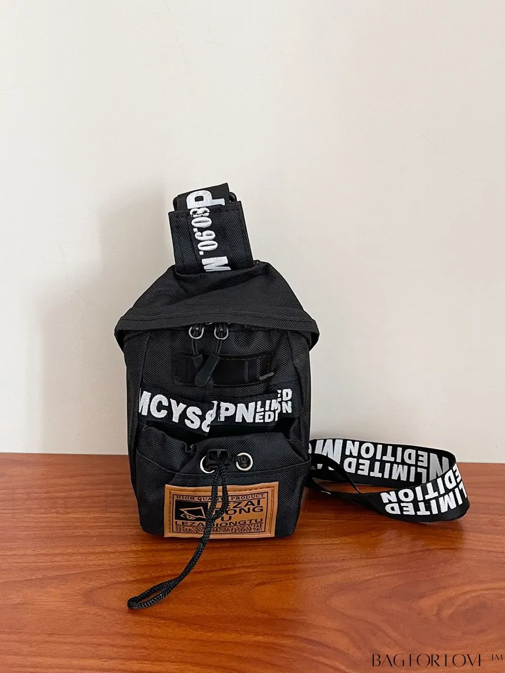 BagForLove - Graphic Sling Bag with Drawstring Closure - Mini Size, Decorative Letters
