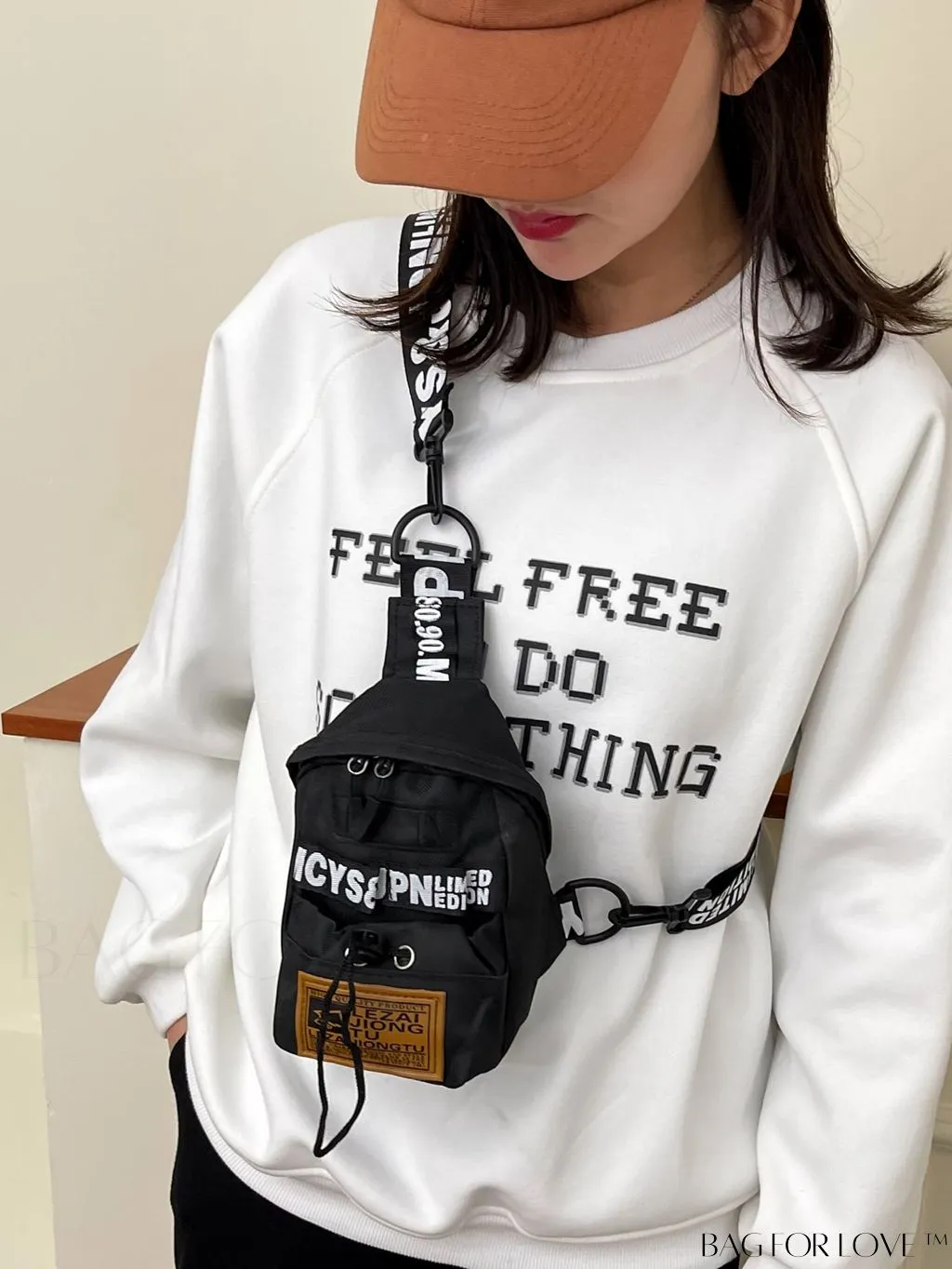 BagForLove - Graphic Sling Bag with Drawstring Closure - Mini Size, Decorative Letters