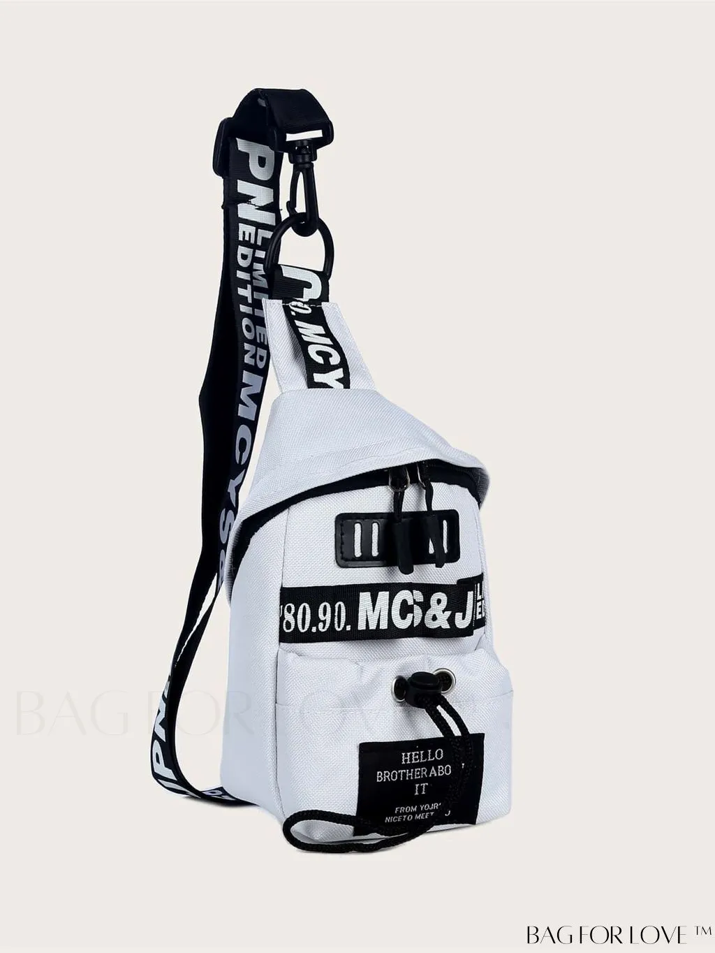 BagForLove - Graphic Sling Bag with Drawstring Closure - Mini Size, Decorative Letters