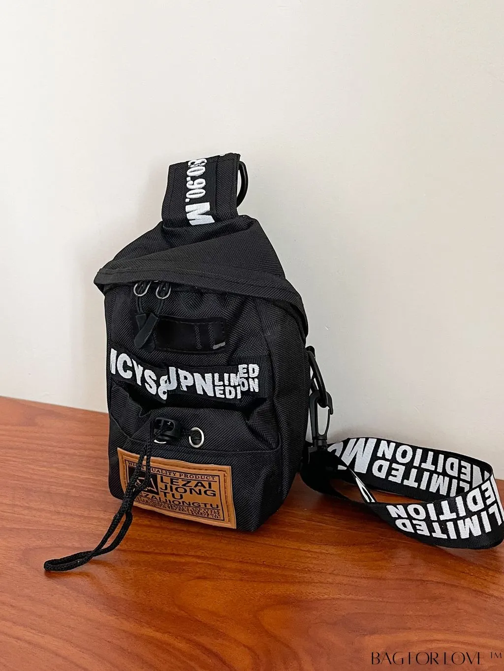 BagForLove - Graphic Sling Bag with Drawstring Closure - Mini Size, Decorative Letters
