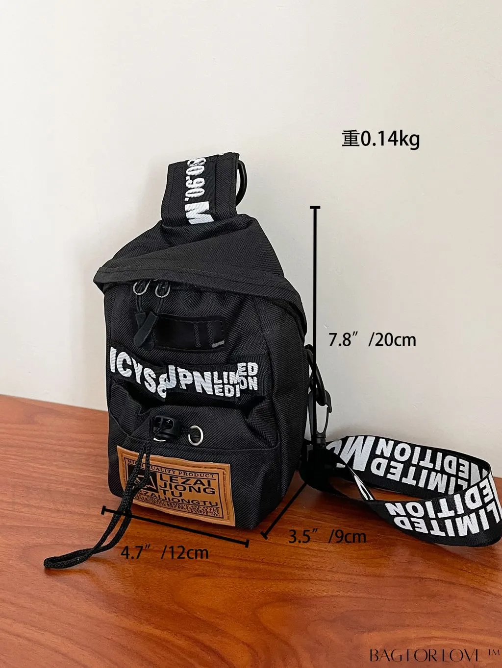 BagForLove - Graphic Sling Bag with Drawstring Closure - Mini Size, Decorative Letters