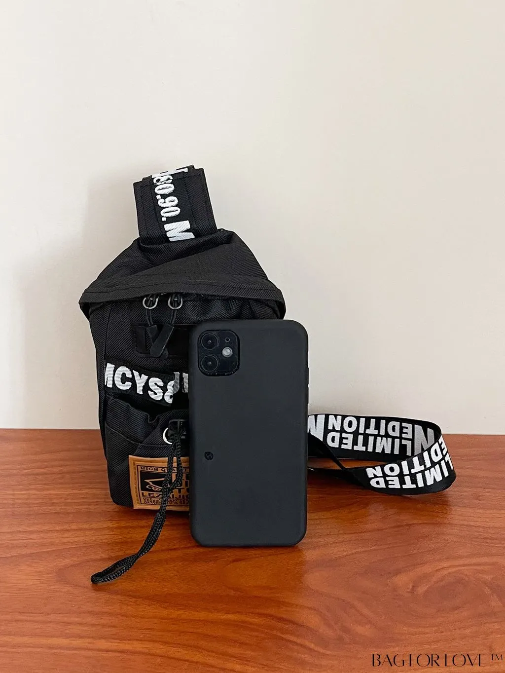 BagForLove - Graphic Sling Bag with Drawstring Closure - Mini Size, Decorative Letters
