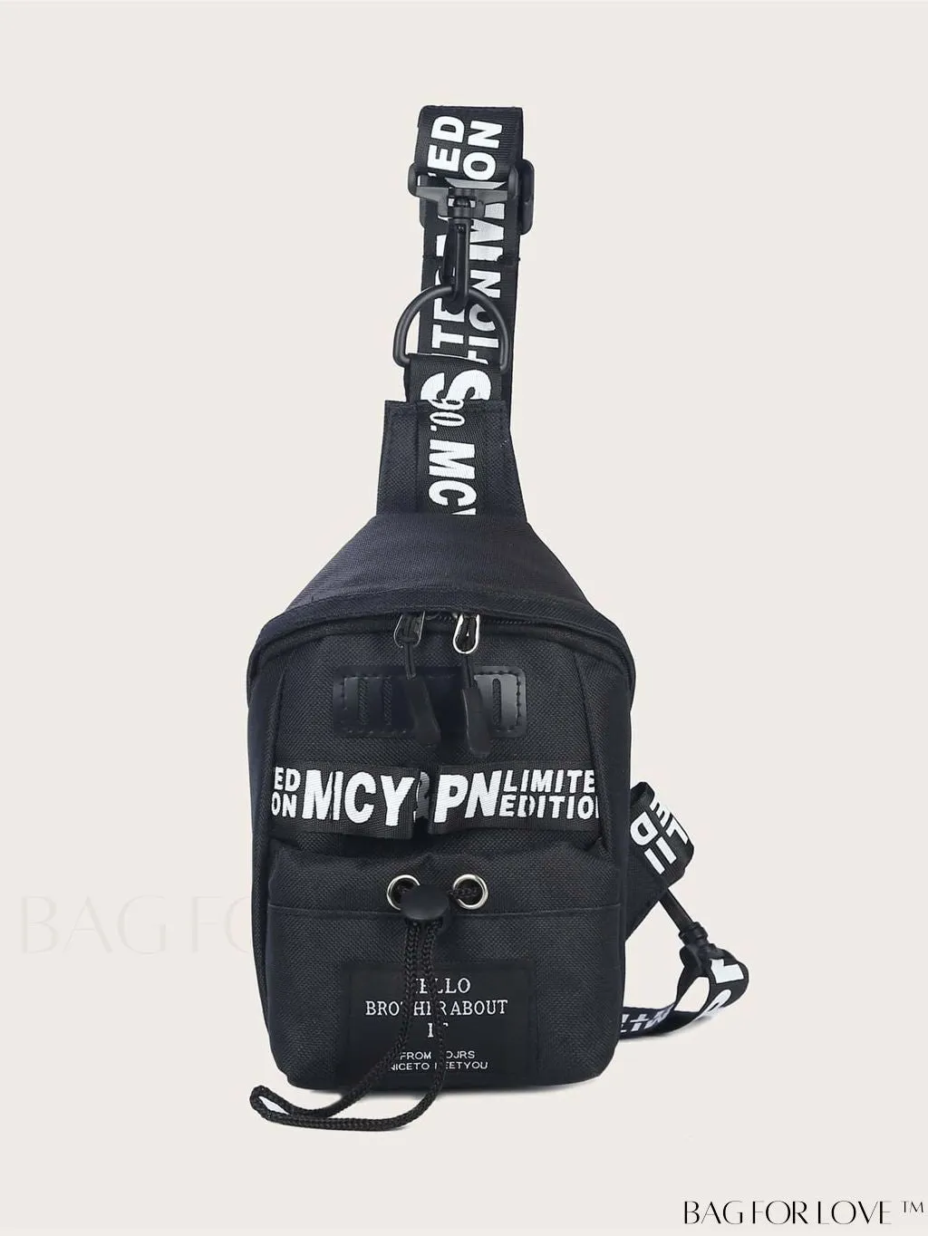 BagForLove - Graphic Sling Bag with Drawstring Closure - Mini Size, Decorative Letters