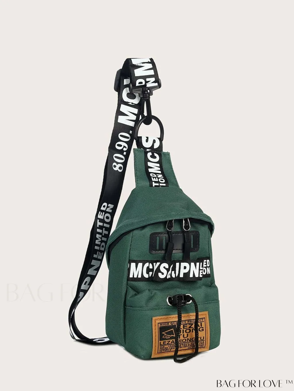 BagForLove - Graphic Sling Bag with Drawstring Closure - Mini Size, Decorative Letters