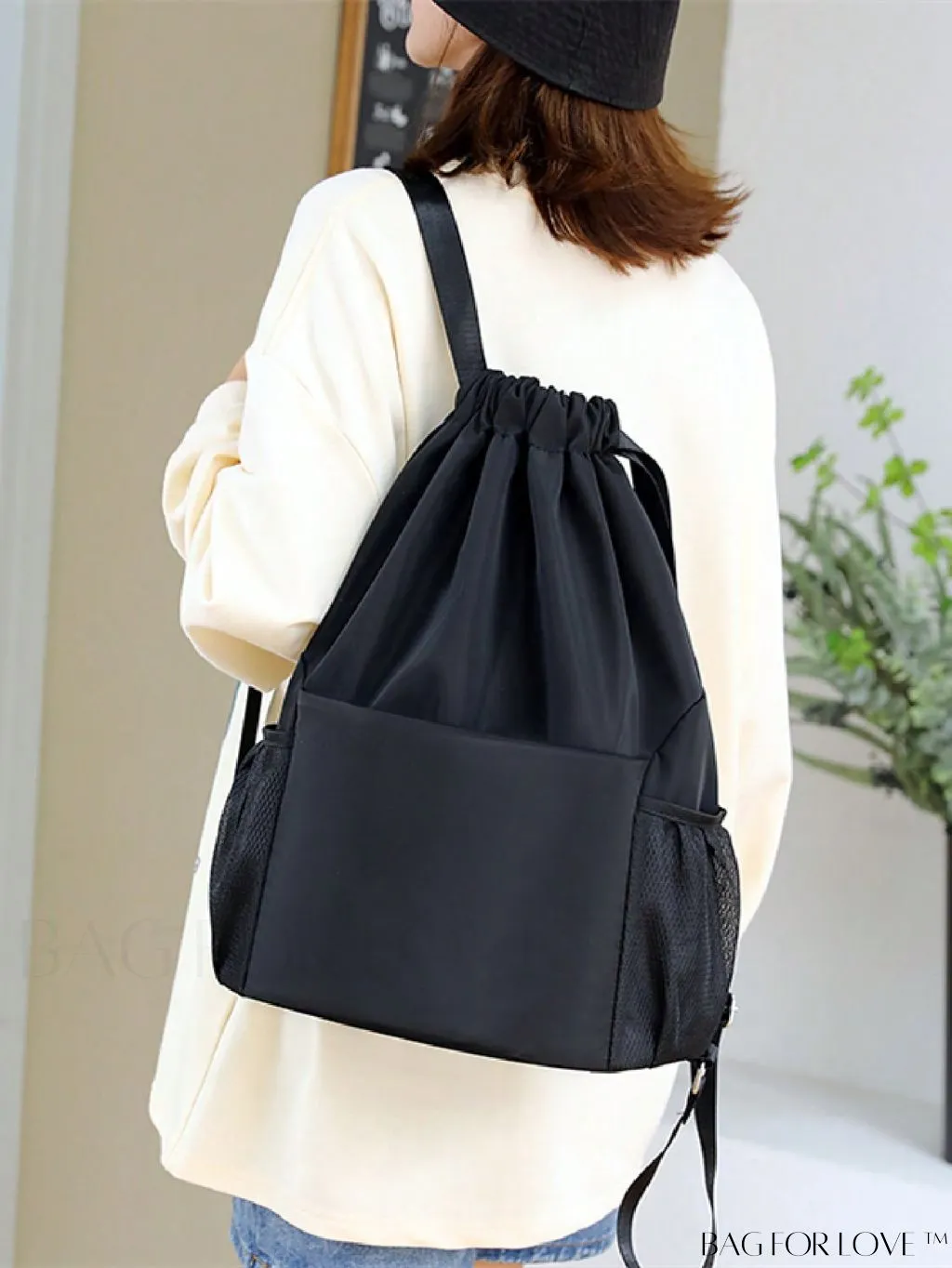 BagForLove - Minimalist Black Drawstring Backpack with Adjustable Strap - Ideal for School & Daily Use