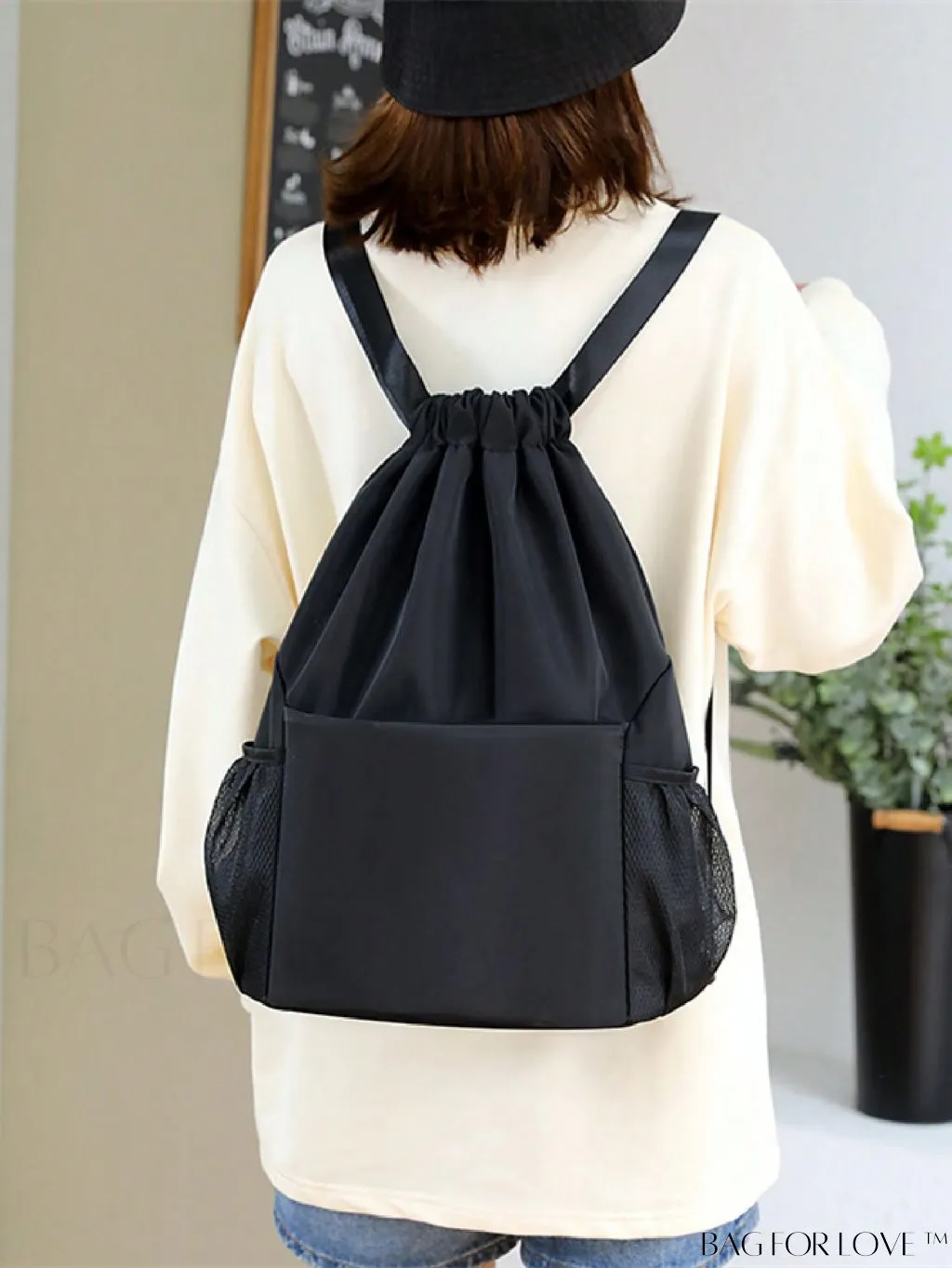 BagForLove - Minimalist Black Drawstring Backpack with Adjustable Strap - Ideal for School & Daily Use