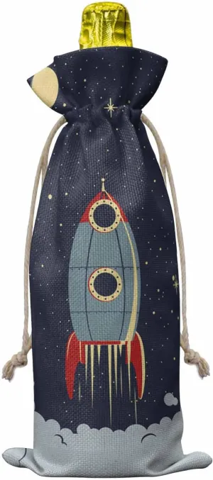 Bags for Wine, Space Exploration Cartoon Spaceship Rocket Pattern Reusable Wine Bottle Bags Bottle Cover with Drawstrings for Birthday,Party,Set of 1