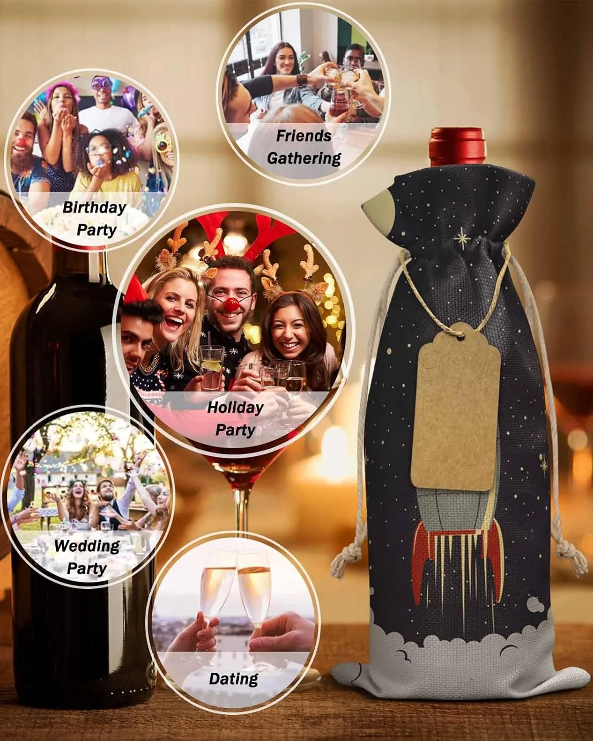 Bags for Wine, Space Exploration Cartoon Spaceship Rocket Pattern Reusable Wine Bottle Bags Bottle Cover with Drawstrings for Birthday,Party,Set of 1