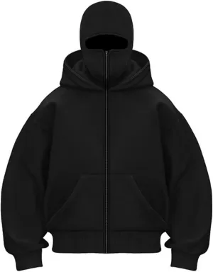 Balaclava Hoodie Zipper, Winter Hoodies for Men Double Layer Hooded Sweatshirt Fleece Zip Jacket