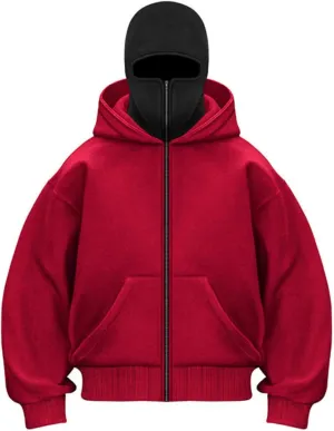 Balaclava Hoodie Zipper, Winter Hoodies for Men Double Layer Hooded Sweatshirt Fleece Zip Jacket