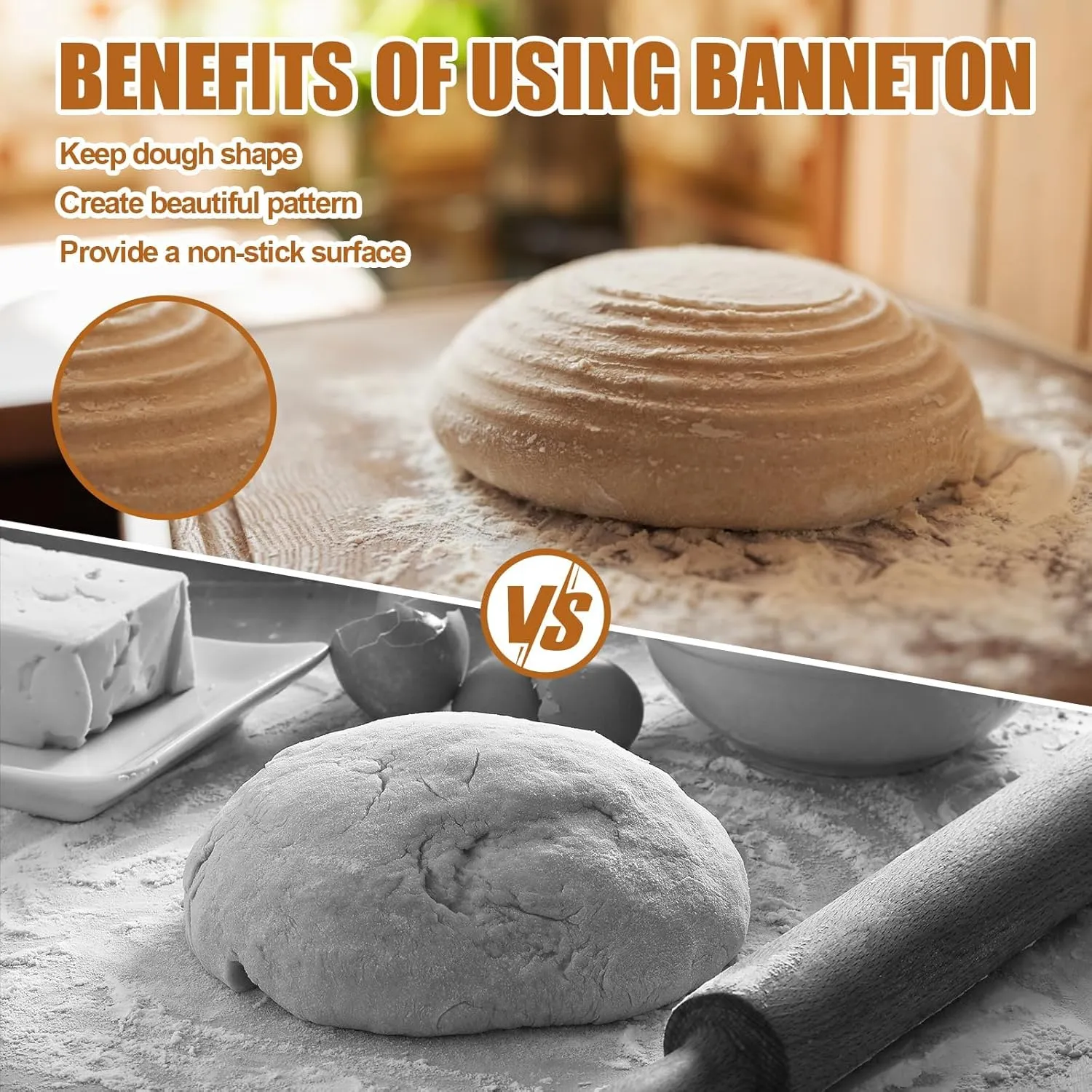 Banneton Bread Proofing Basket Banneton Basket Set Sourdough Proofing Basket Round Proofing Bowls Handmade Rattan Baskets and Liners (Round 9 inch set of 2)