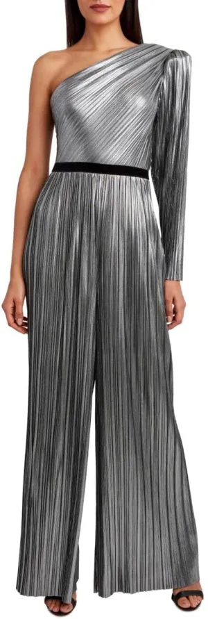 BCBGMAXAZRIA Women's Metallic Jumpsuit With One Sleeve, Gunmetal, Medium