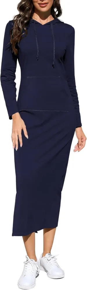 BeautyNee Women's Casual Long Sleeve Side Slit Pullover Maxi Hoodie Dress Slim Sweatshirt Long Dresses with Pockets