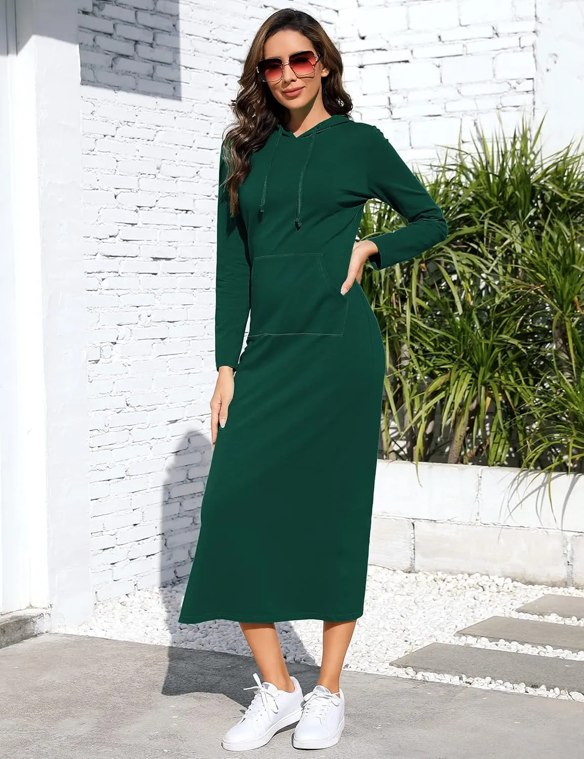 BeautyNee Women's Casual Long Sleeve Side Slit Pullover Maxi Hoodie Dress Slim Sweatshirt Long Dresses with Pockets