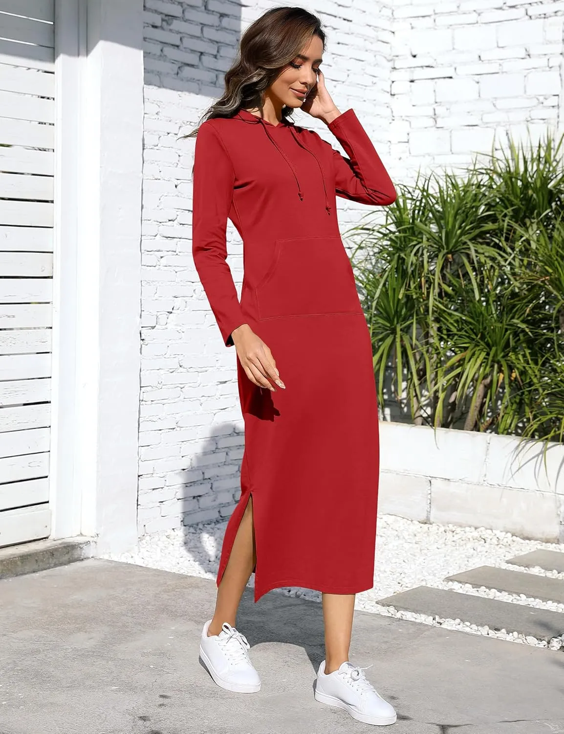 BeautyNee Women's Casual Long Sleeve Side Slit Pullover Maxi Hoodie Dress Slim Sweatshirt Long Dresses with Pockets