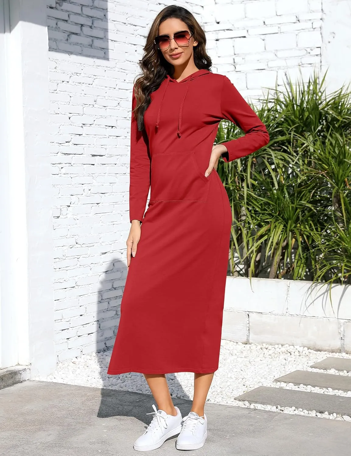 BeautyNee Women's Casual Long Sleeve Side Slit Pullover Maxi Hoodie Dress Slim Sweatshirt Long Dresses with Pockets